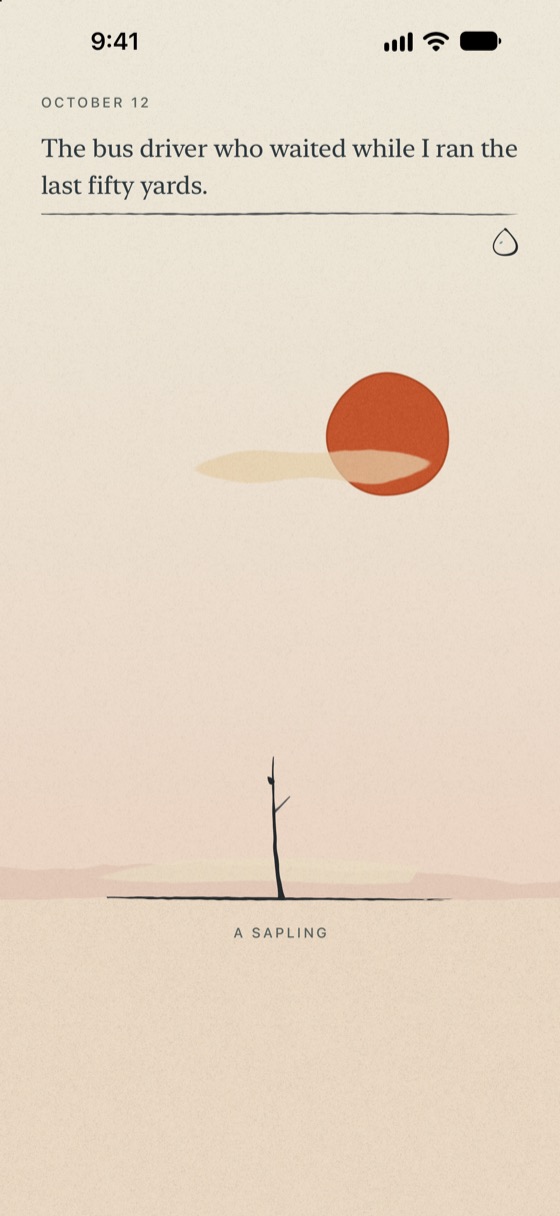 Day one: a bare sapling under a red sun, with a thank-you typed on the writing line