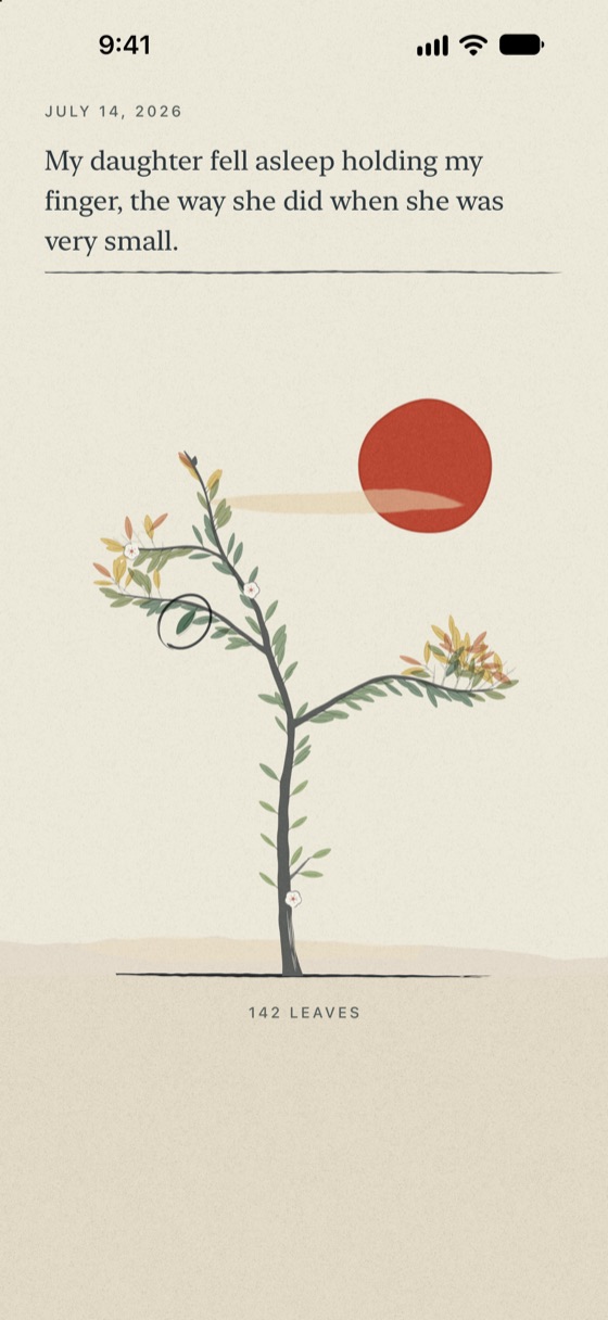 A leaf circled on a young tree, its words from July shown at the top