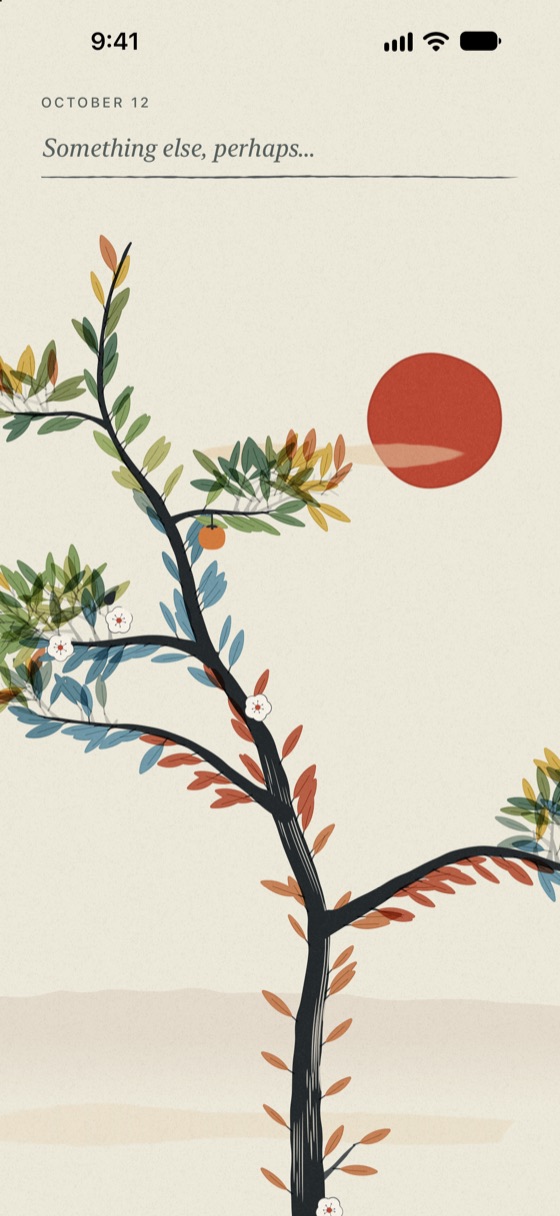 A year on: a full tree with leaves in every month's colour and a persimmon